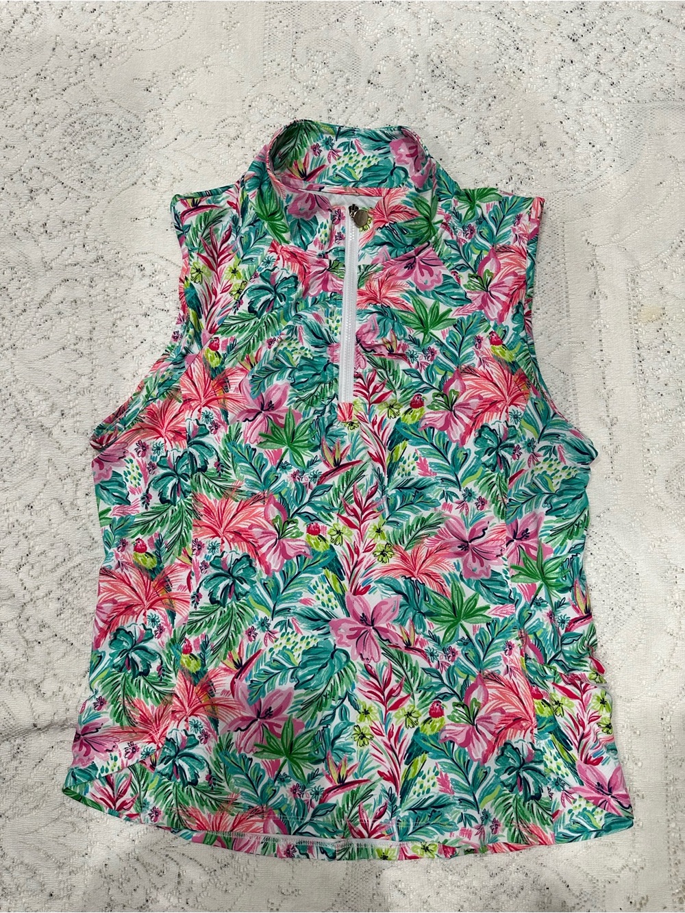 Stella Parker Sport Tropical 1/4 Zip-Front Sleeveless Top - Pink & Green L golf